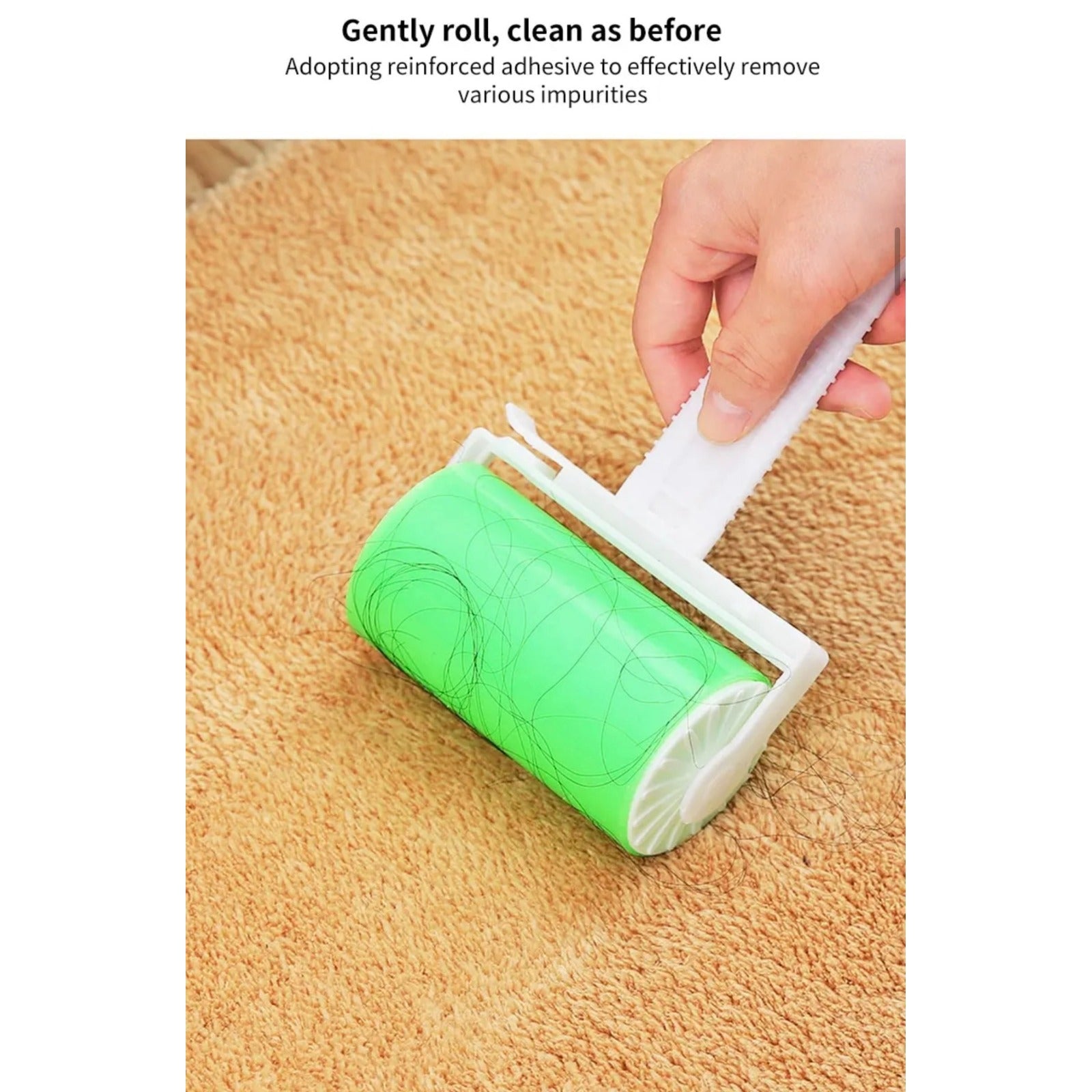 A person rolls hair on a blanket using Reusable Lint Remover  