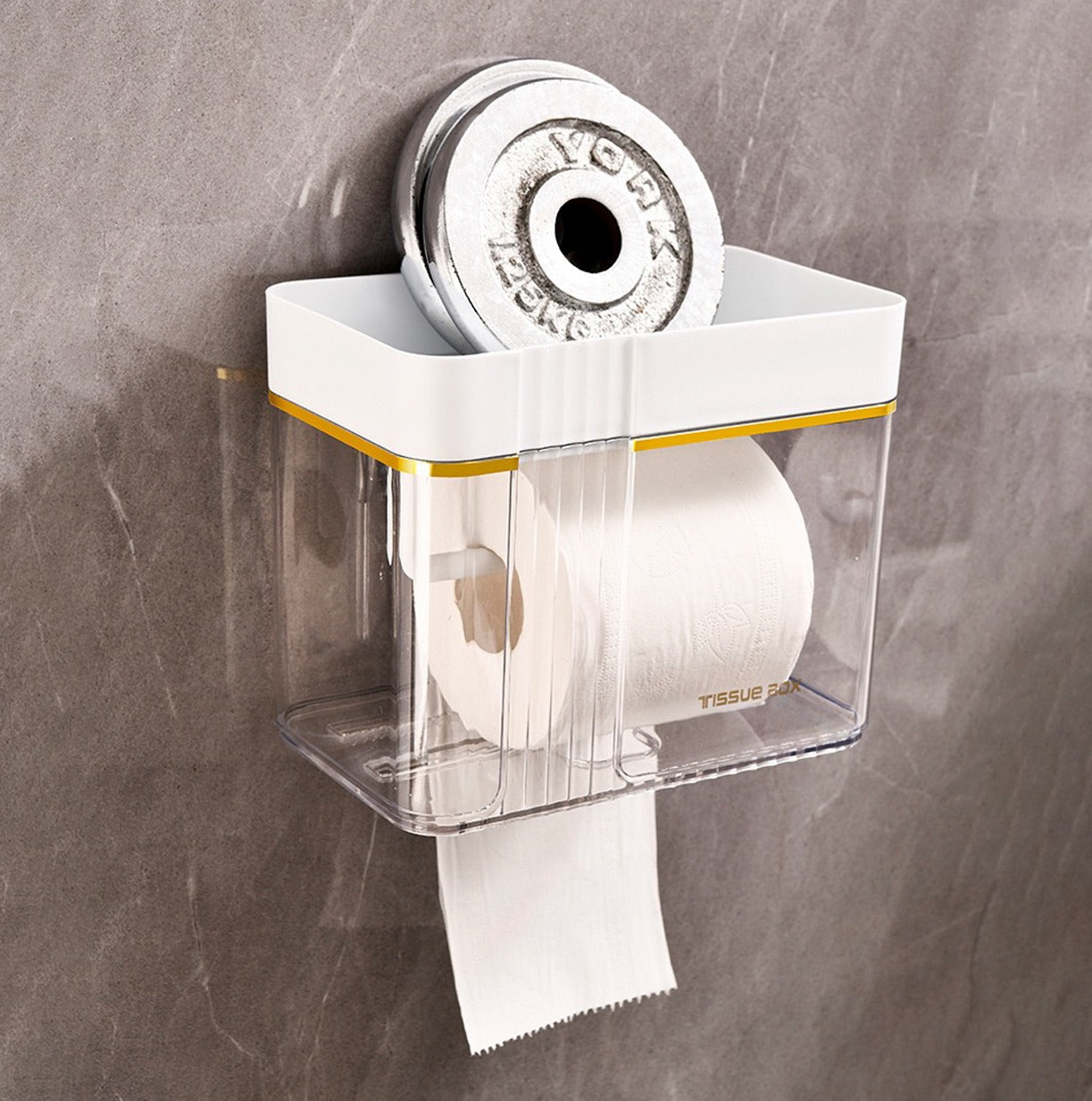 1.25 Kg dumbbell kept on top of  Transparent Wall-Mounted Toilet Paper Holder with Storage Shelf 