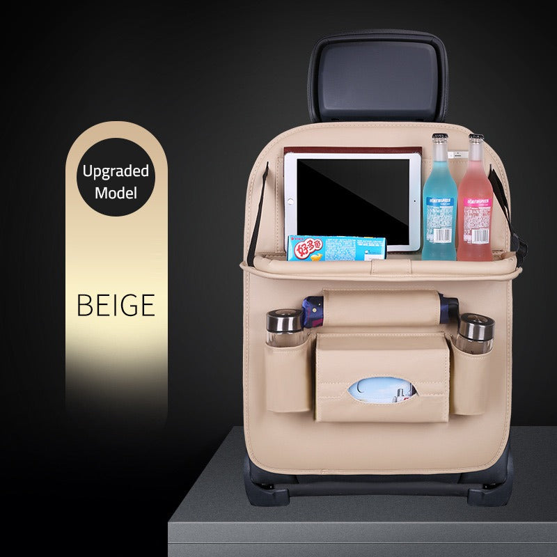 Showcasing Beige color Car Seat Back Organizer neatly organized with water bottle,I-pad, beverages and tissue 