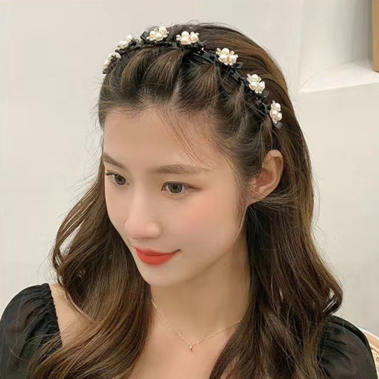 A lady worn Double Bangs Hairstyle Headband