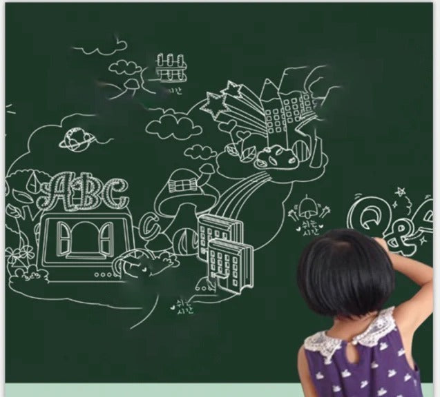 A girl drawing on Chalkboard Wall Sticker using chalk 