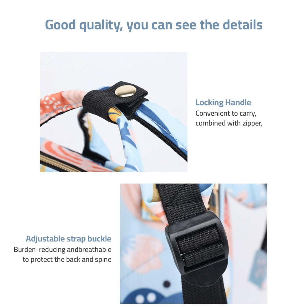 Image exposing the locking handle and adjustable strap buckle of Mother Backpack Bag 