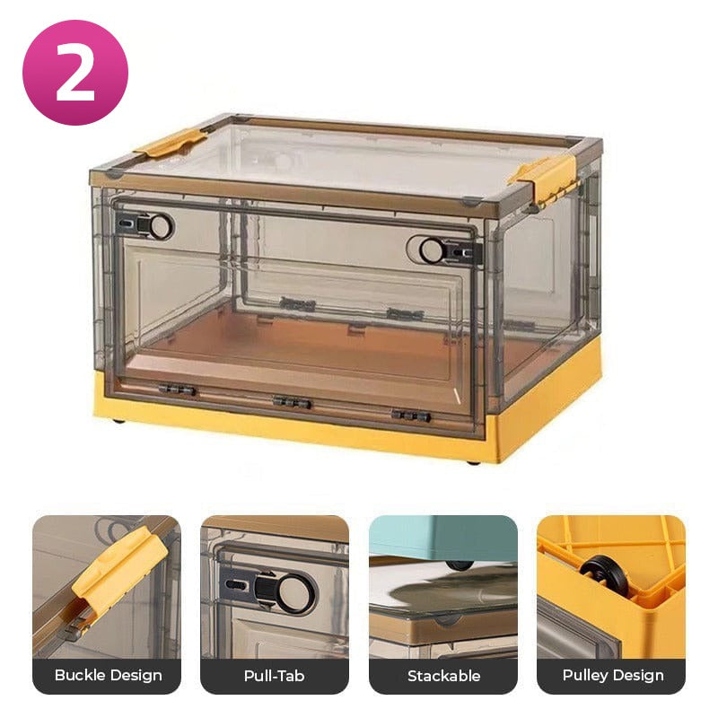 A stack of foldable plastic storage boxes with latching lids with features