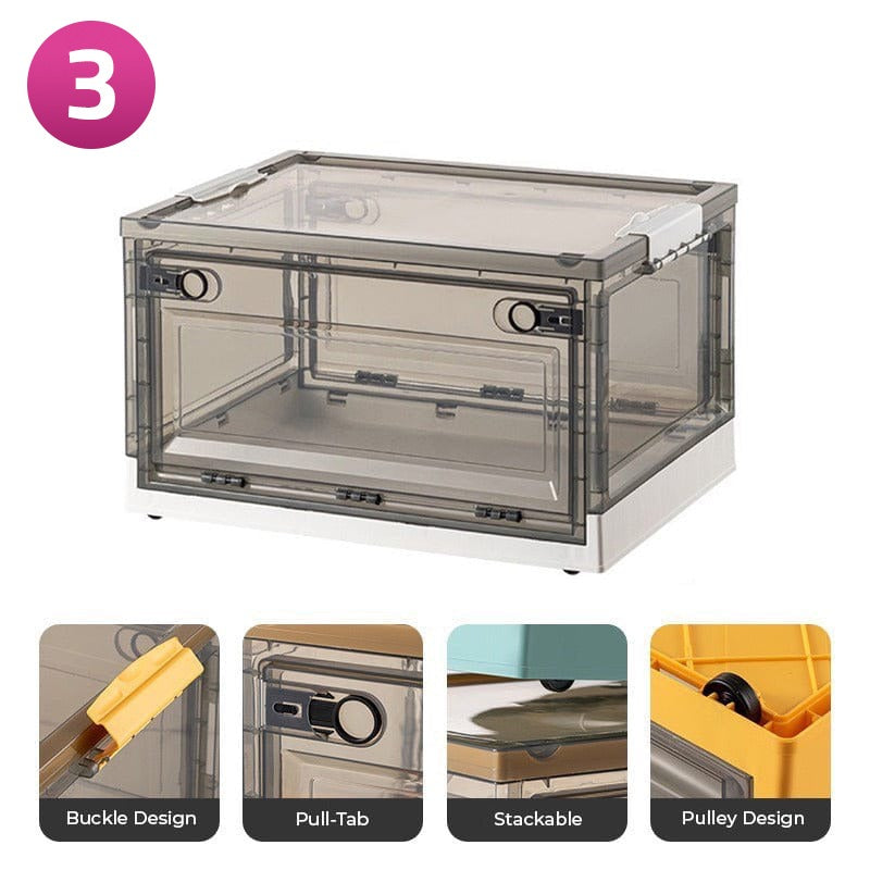 A stack of Foldable Plastic Storage Boxes with Latching Lids in gray color