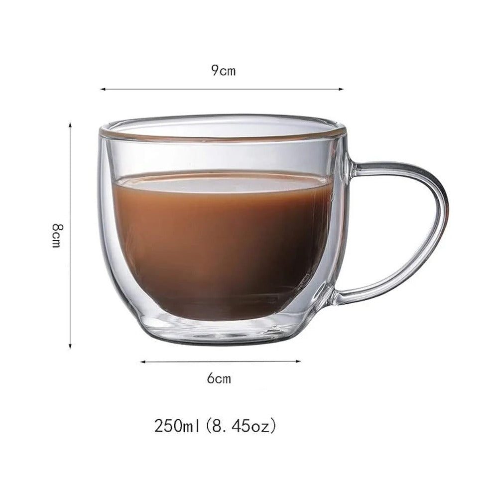 Double Wall Glass Cups with Handle - Transparent Tea Coffee Mugs [2 Pcs]