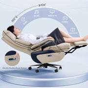 Image displaying a person lying on a Premium Electric Office Chair adjusted to 160 degree angle by mentioning its features 