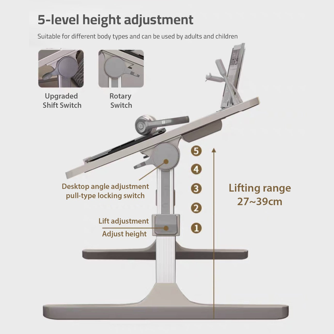 A drawing showing how to change the height of a flexible Adjustable Bed Laptop Table