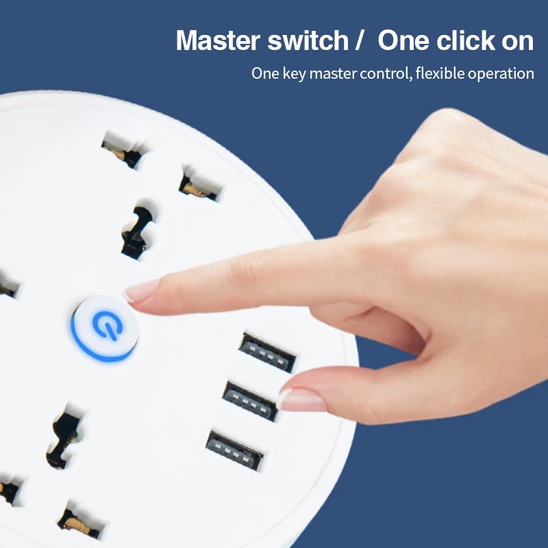 A Round Universal Converter Power Strip Adapter with a person holding a switch that has a button on it