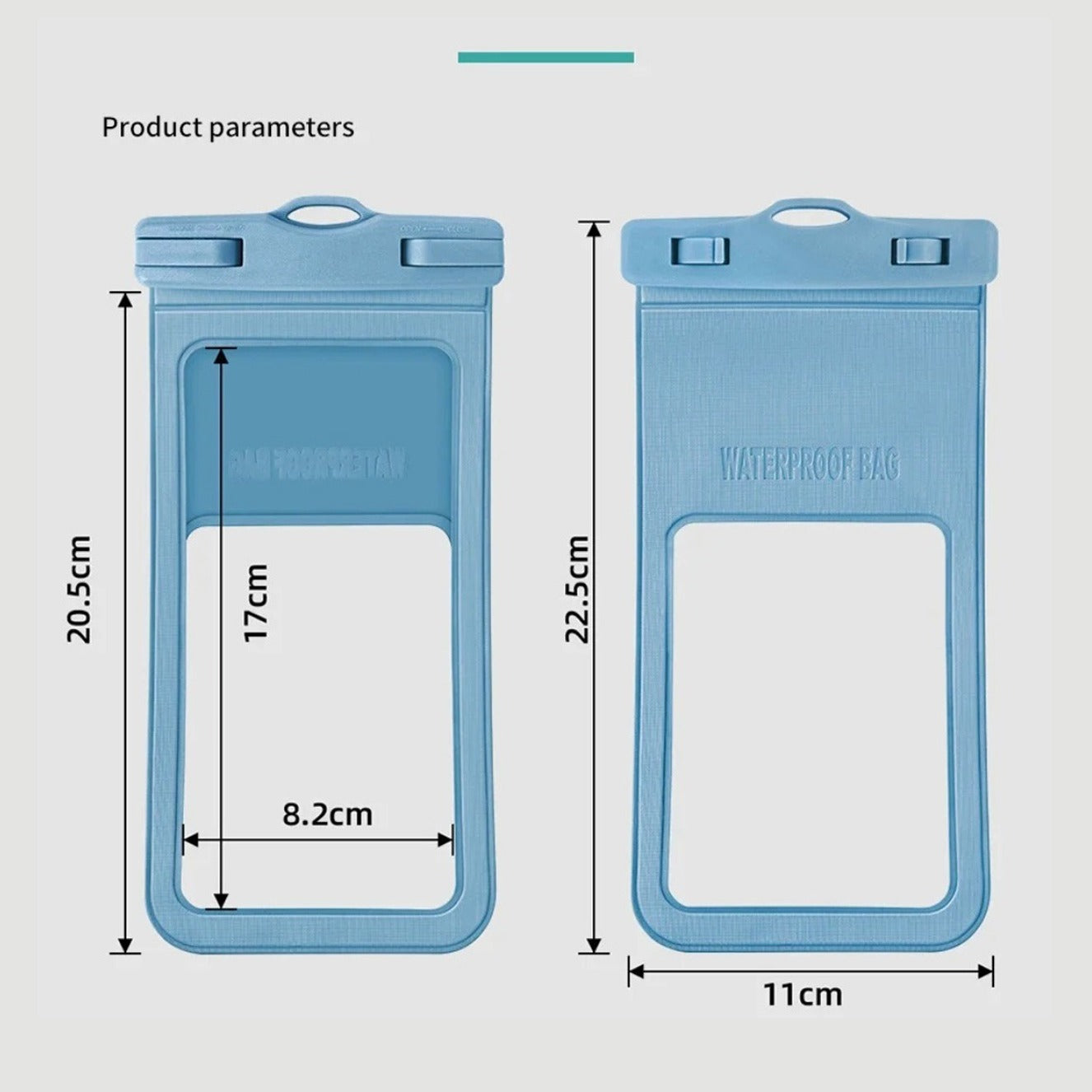blue Universal Waterproof Phone Bag with its size