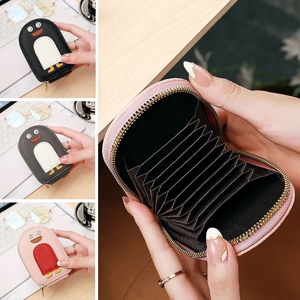 4 different images of lady holding Cute Penguin Credit Card Coin Wallet where in one image lady has opened the wallet