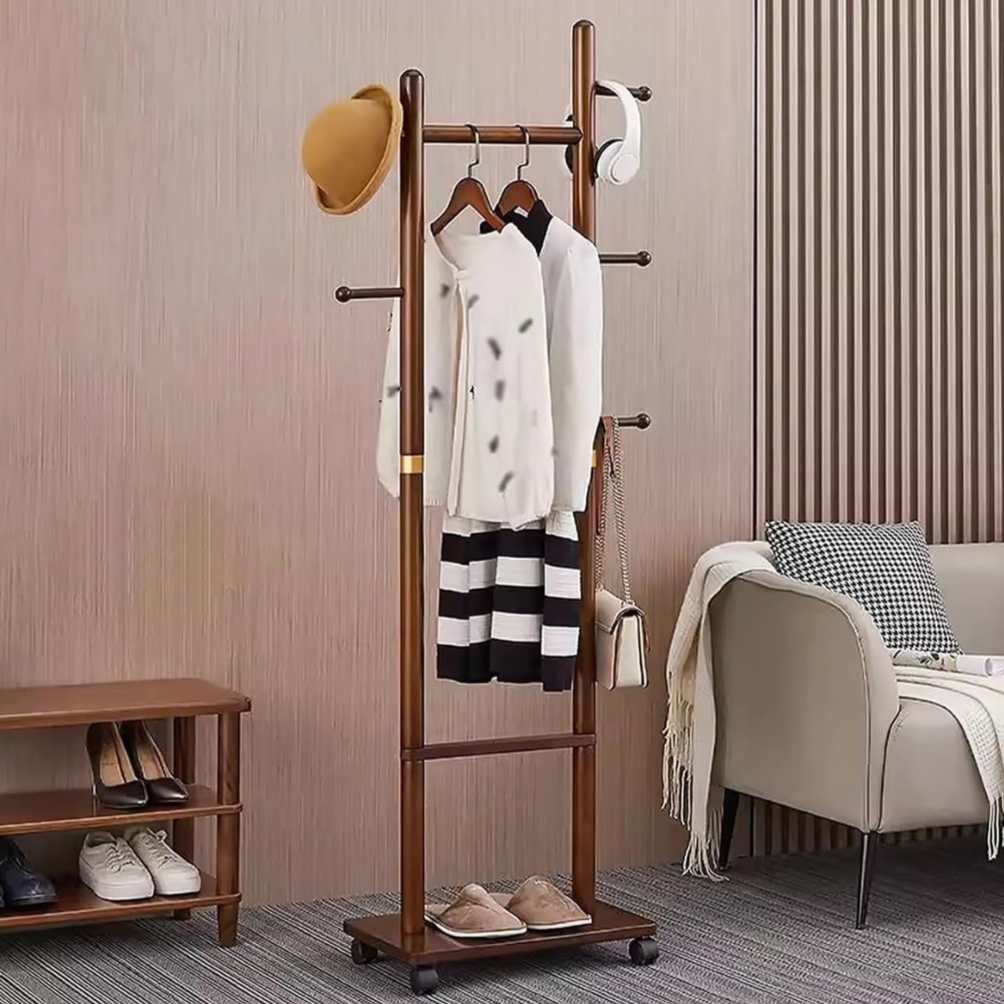 Wooden Coat Rack Hanger Organized with Clothes, Hat and Slippers.