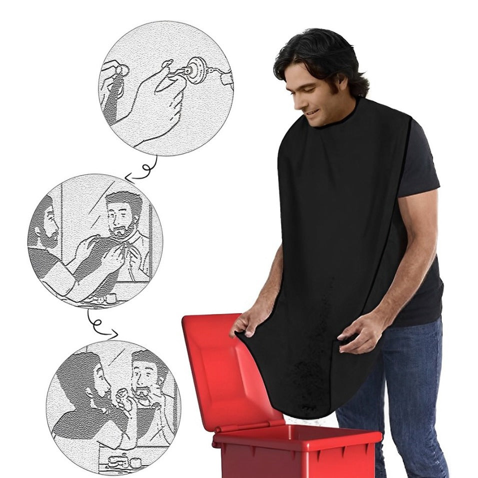 A Man Throwing Hairs in Shaving Apron to Bin.