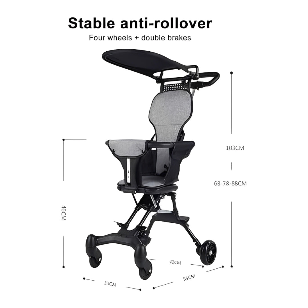 Black and gray child stroller with measurements on a white background