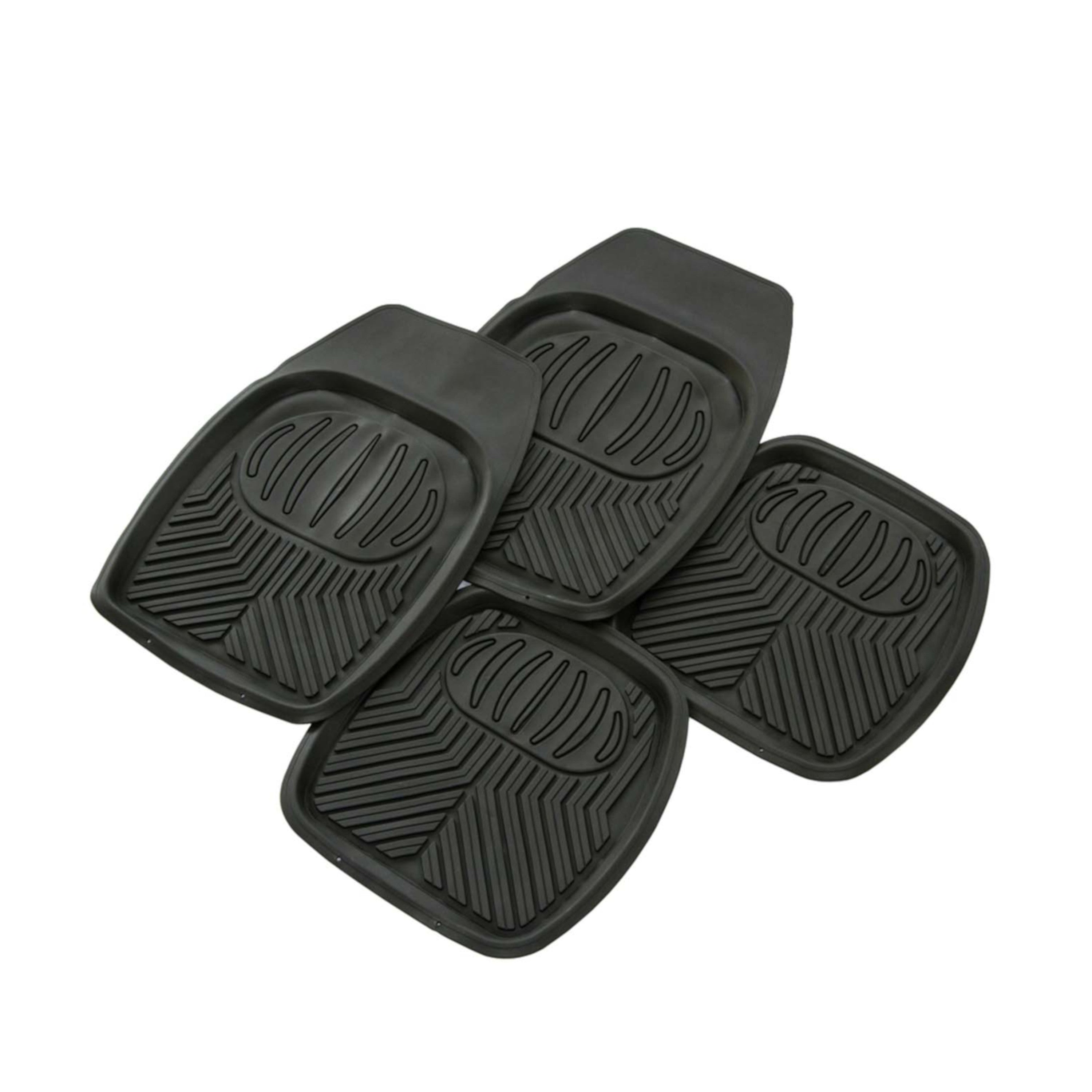 Four black car floor mats with textured design on a white background