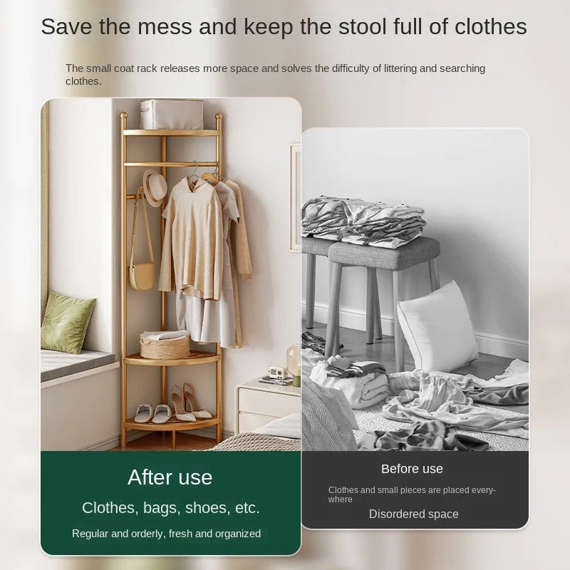 There are 2 different pictures where it shows before and after use of garment rack. It's very messy before the rack has been bought and after the use of garment clothing rack everything is organized and there's no mess.