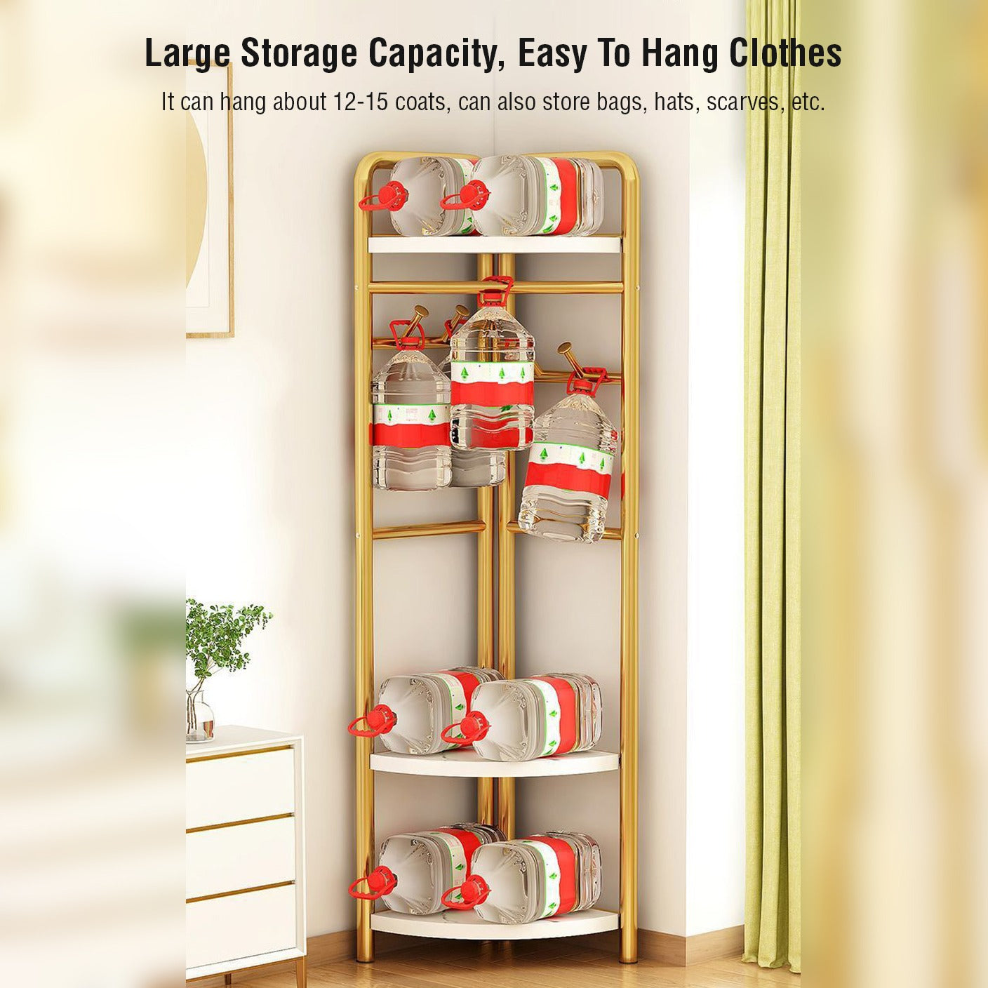 Picture holds water bottles which signifies the benefit of rack as it can hold more clothes. There's a written area in the beginning of this pictures which states that large  storage capacity, easy to hang clothes. It can hang about 12-15 coats, can also store bags, hats, scarves, etc.