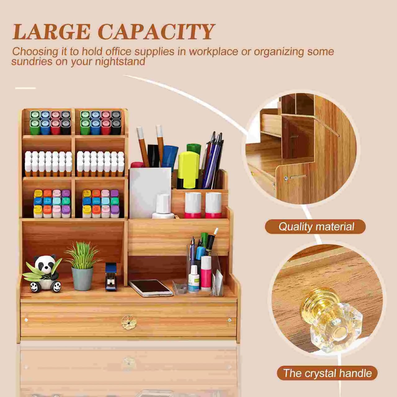 Wooden Desk Organizer Holding Stationary Items.
