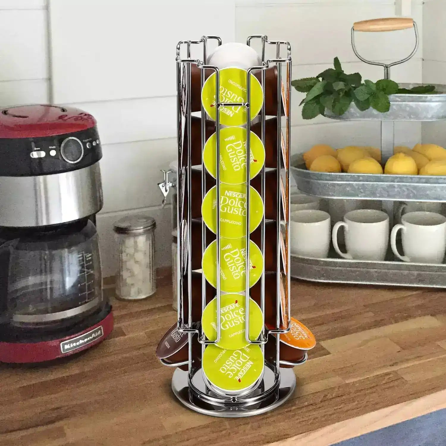 24 Coffee Pod Holder - Rotating Chrome Tower Storage Stand for Coffee Capsules