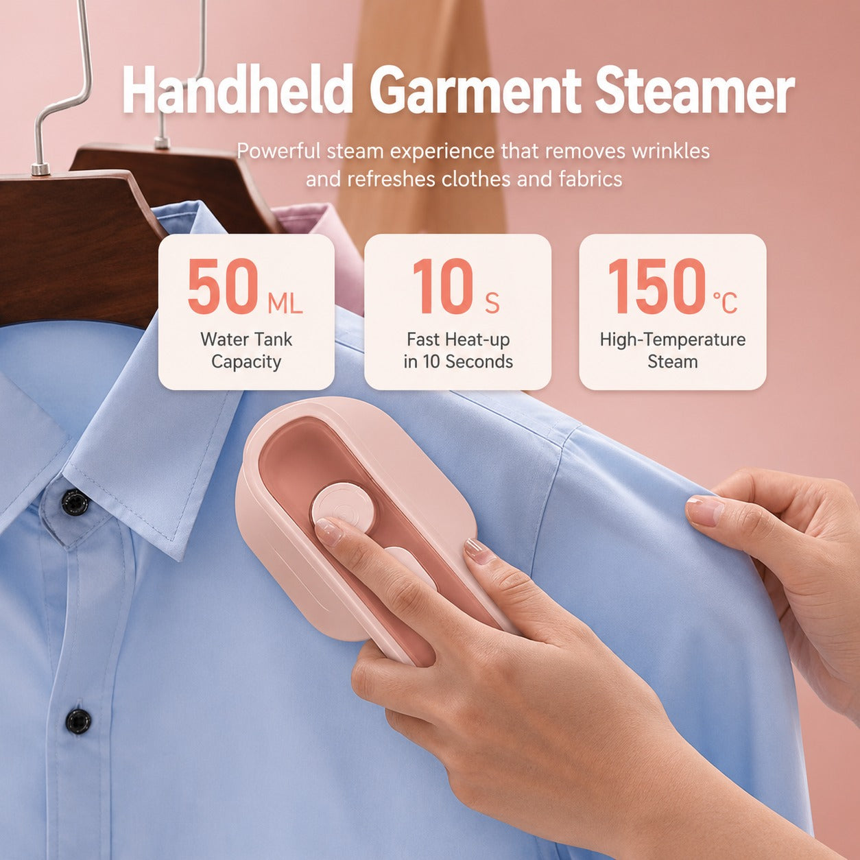A Person is using Garment steamer on his Shirt.