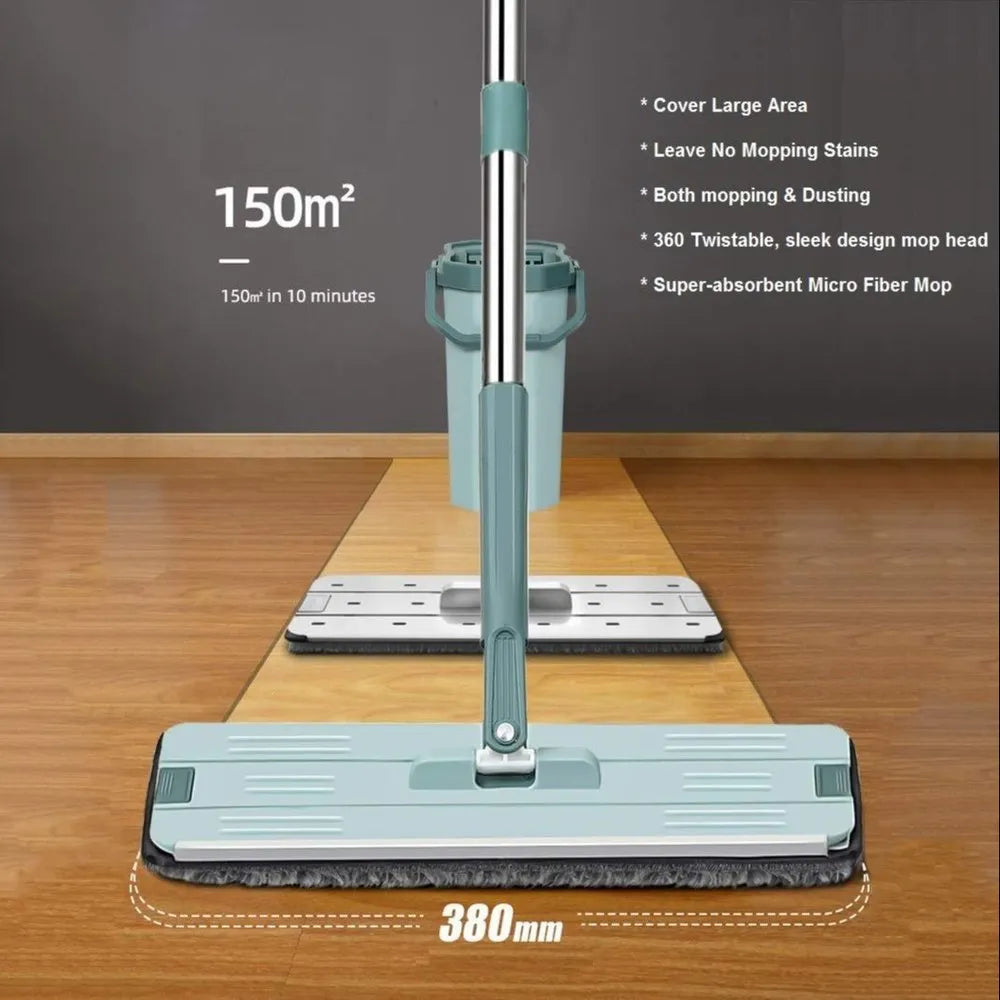360° 2in1 Flat Mop - Self-Wash And Squeeze Dry Flat Mop With Bucket 2 Mop Pads