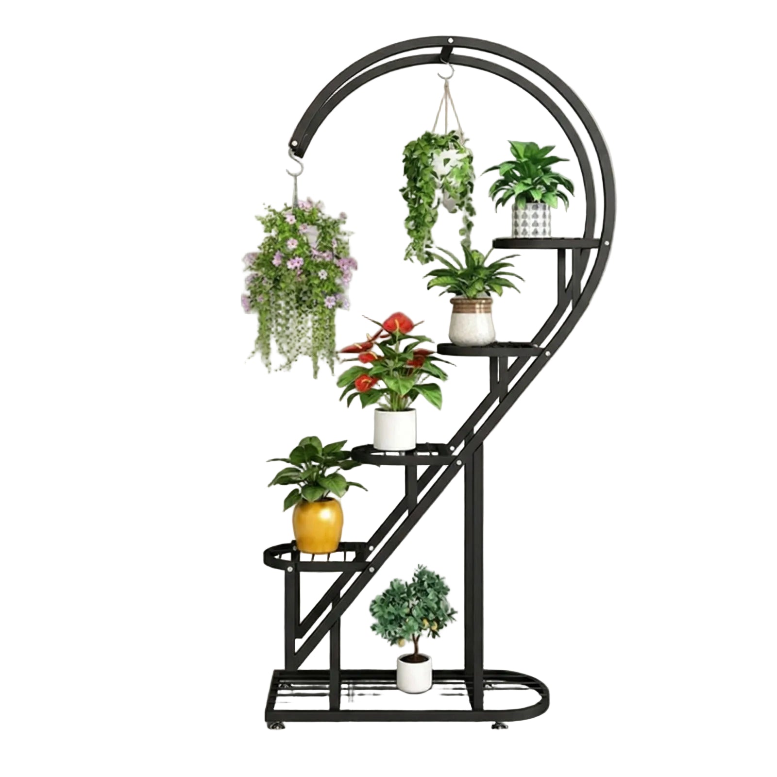multi-tier plant stand with curved spiral design, featuring multiple shelves and hanging hooks displaying indoor potted plants and hanging planters.