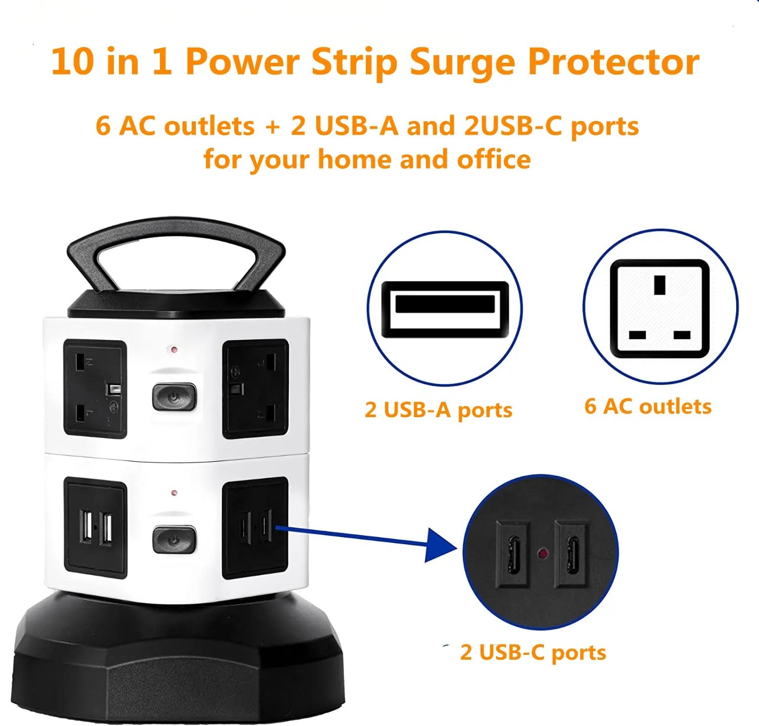 Vertical Socket Power Strip Surge Protector Extension with USB Ports