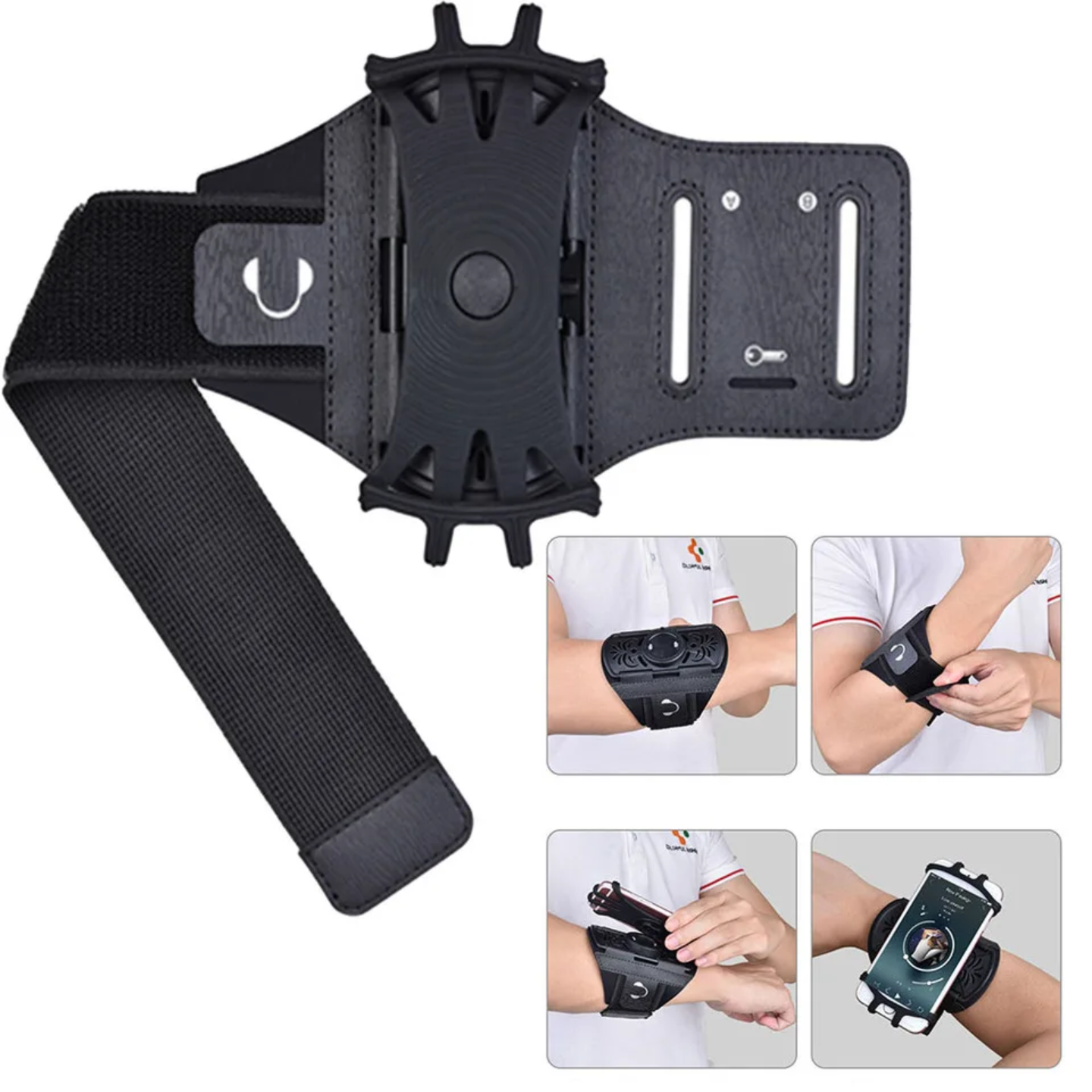 A Person is demonstrating the steps in wearing a sports armband phone holder.