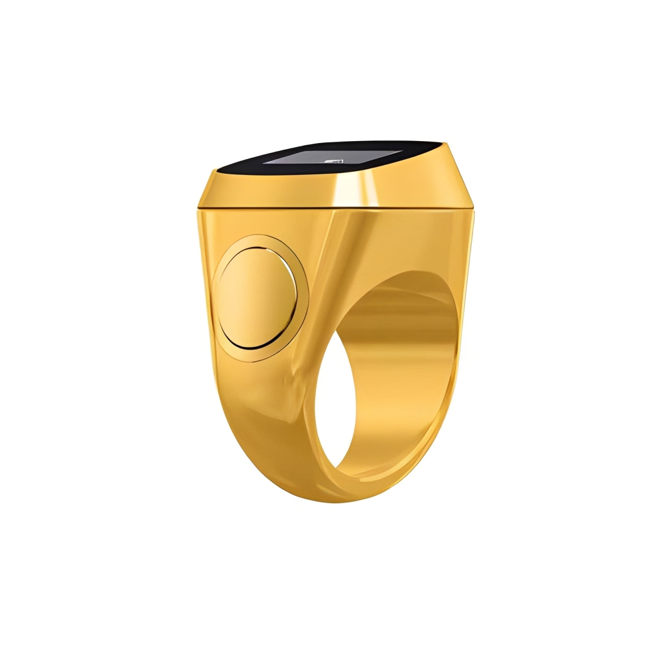 Smart Tasbih Ring Counter with a gold button on a white background
