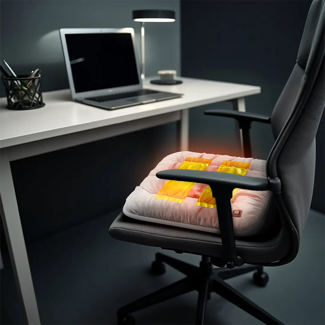 The Green Lion Electric Heat Pad Heating Seat Cushion placed on an office chair in a modern office setting.
