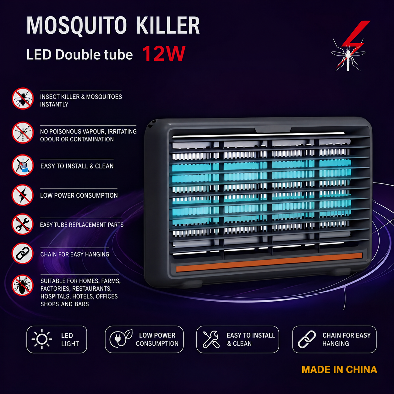 Mosquito killer with LED lights on a dark background