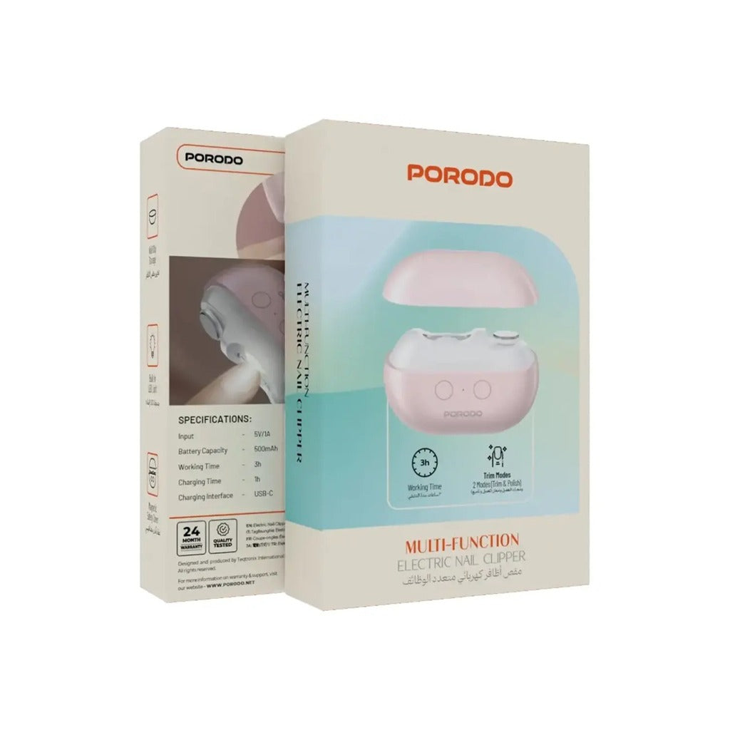 Porodo multi-function electric nail clipper packaging on a white background