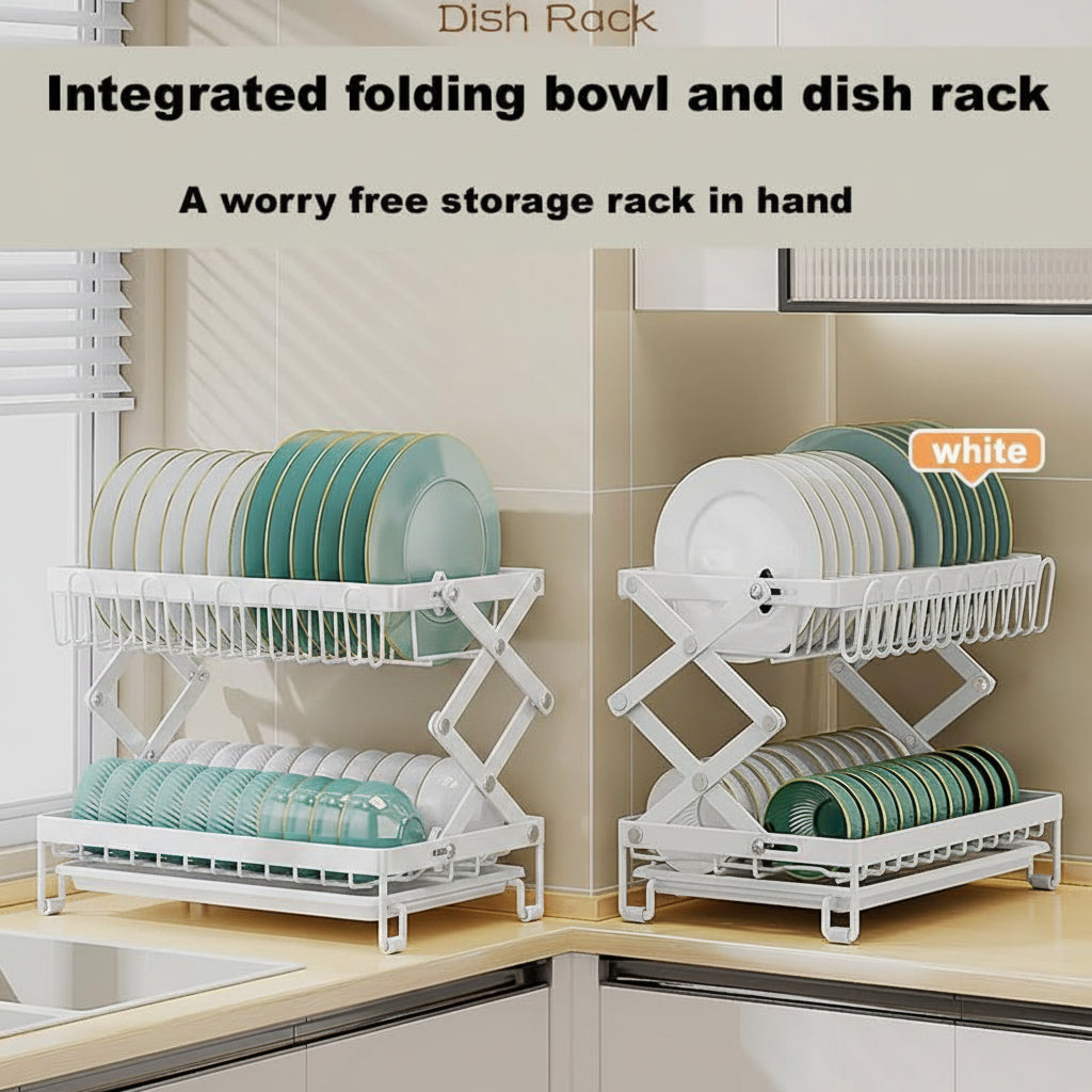 Two dish racks, one black and one white, with dishes on a kitchen counter.