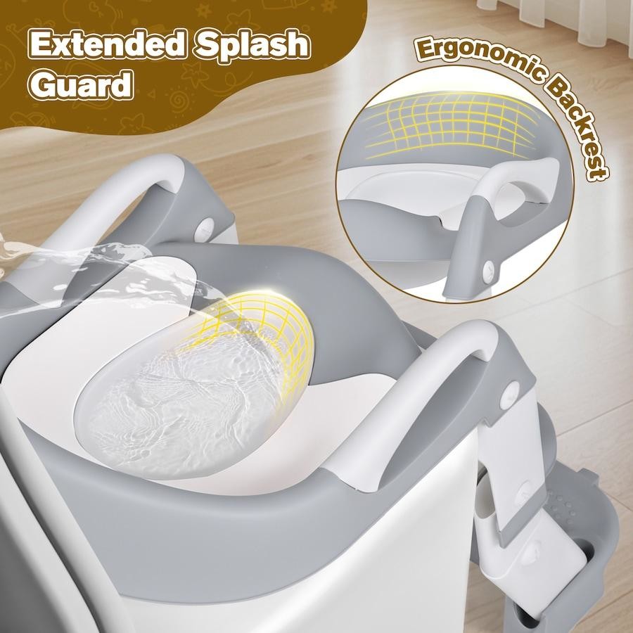 3-in-1 Multifunctional Baby Toilet Training Seat with extended splash guard and ergonomic backrest on a wooden floor.