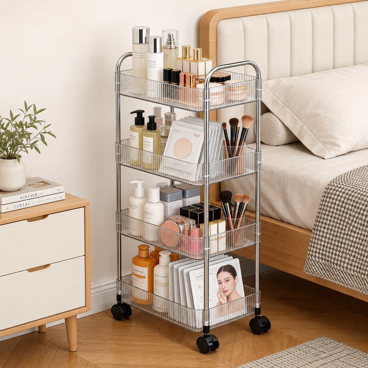 4-Tier Rolling Storage Cart with beauty products in a bedroom setting