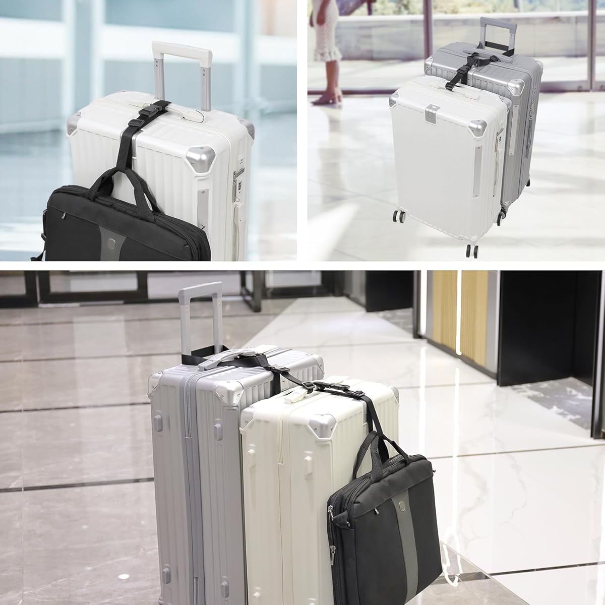 Collage of suitcases and bags in various settings and tied using Adjustable Luggage Strap.