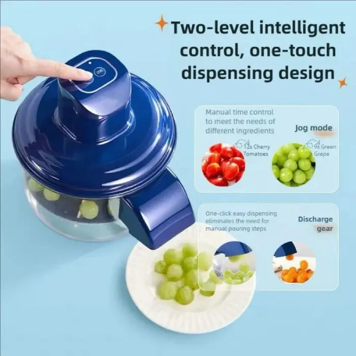 Automatic Electric Fruit & Vegetable Peeler with a hand pointing to it, on a light blue background with text about its features.