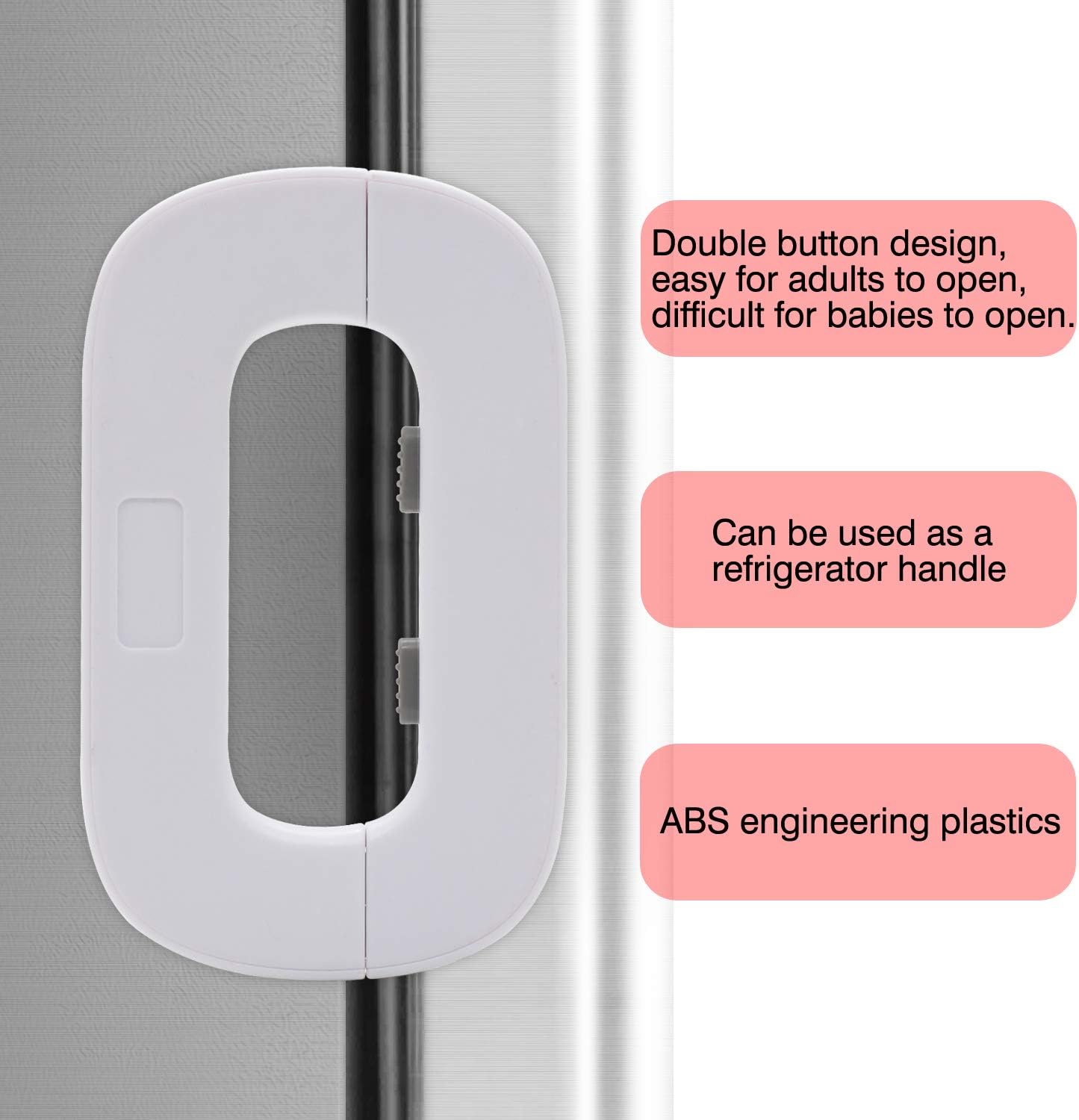 Refrigerator Child Safety Lock on a refrigerator door with text describing its features.