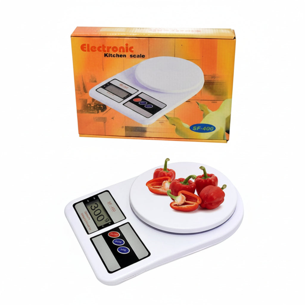 Electronic kitchen scale with peppers on a white background, featuring the brand 'Electronic'.