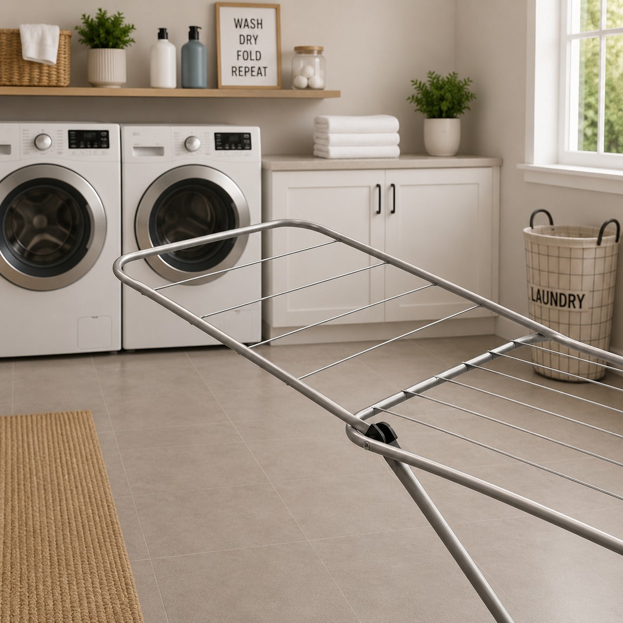 Laundry room with a Heavy Duty Foldable Clothes Drying Rack and washing machines in the background.