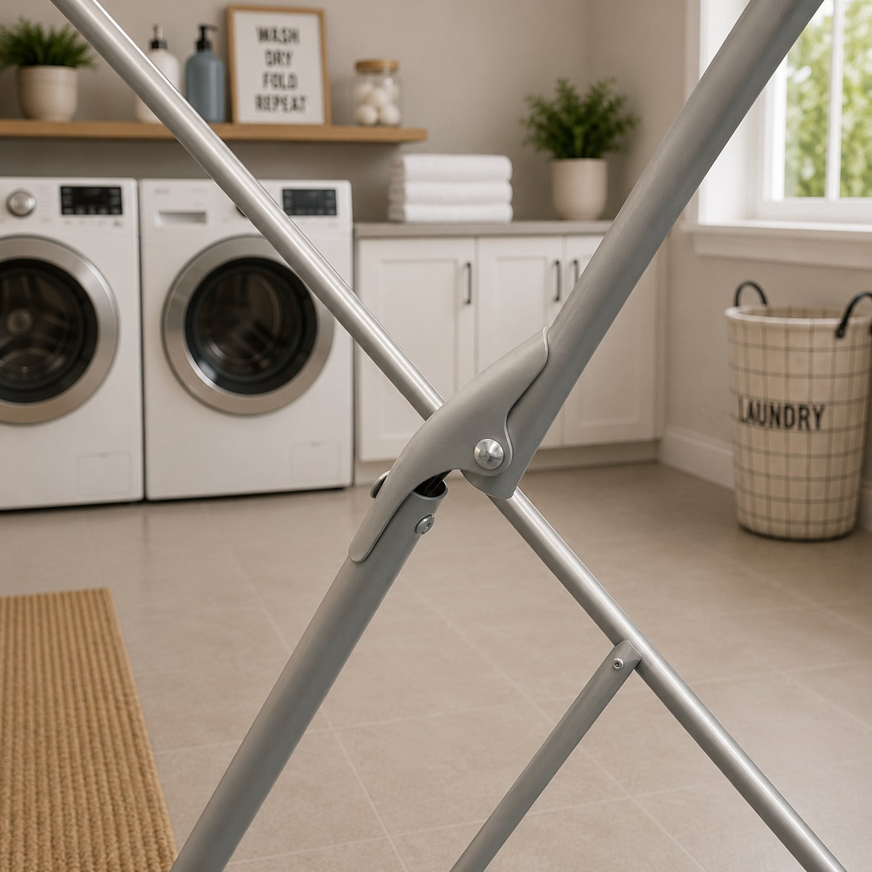Laundry room with washing machines, a laundry basket, and a Heavy Duty Foldable Clothes Drying Rack