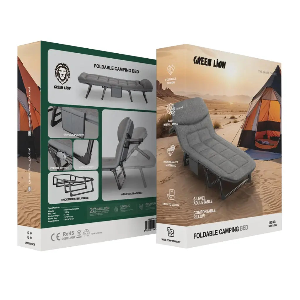 Foldable camping bed packaging with Green Lion branding on a white background