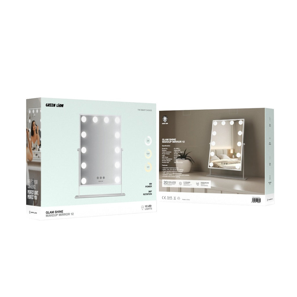 Packaging of a Green Lion Glam Shine Makeup Mirrorr with lights on a white background