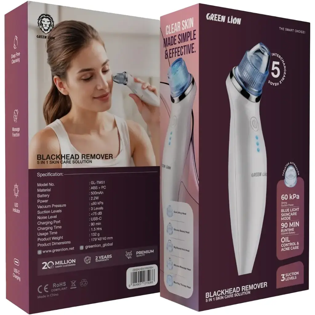 Box of a blackhead remover with a woman using it on her face.