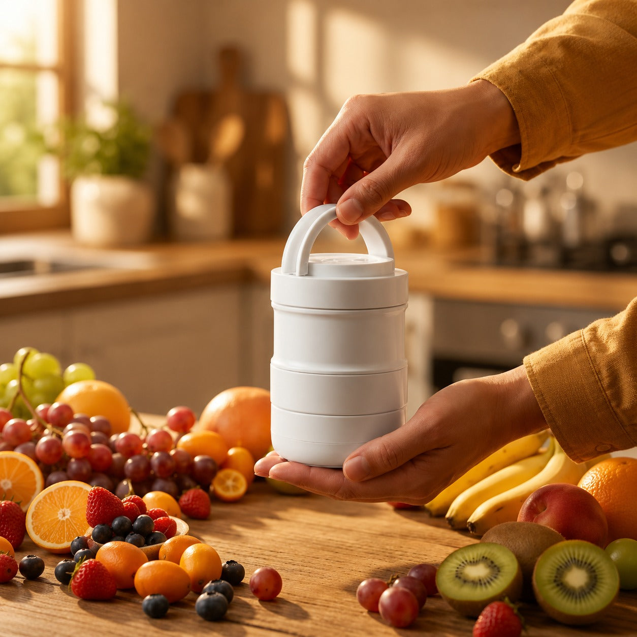 Person holding a white collapsible container with fruits and vegetables on a kitchen counter.