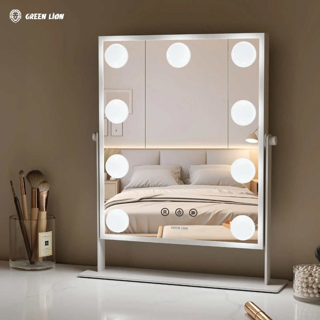 Green Lion Glam Shine Makeup Mirror 9 with lights in a bedroom setting
