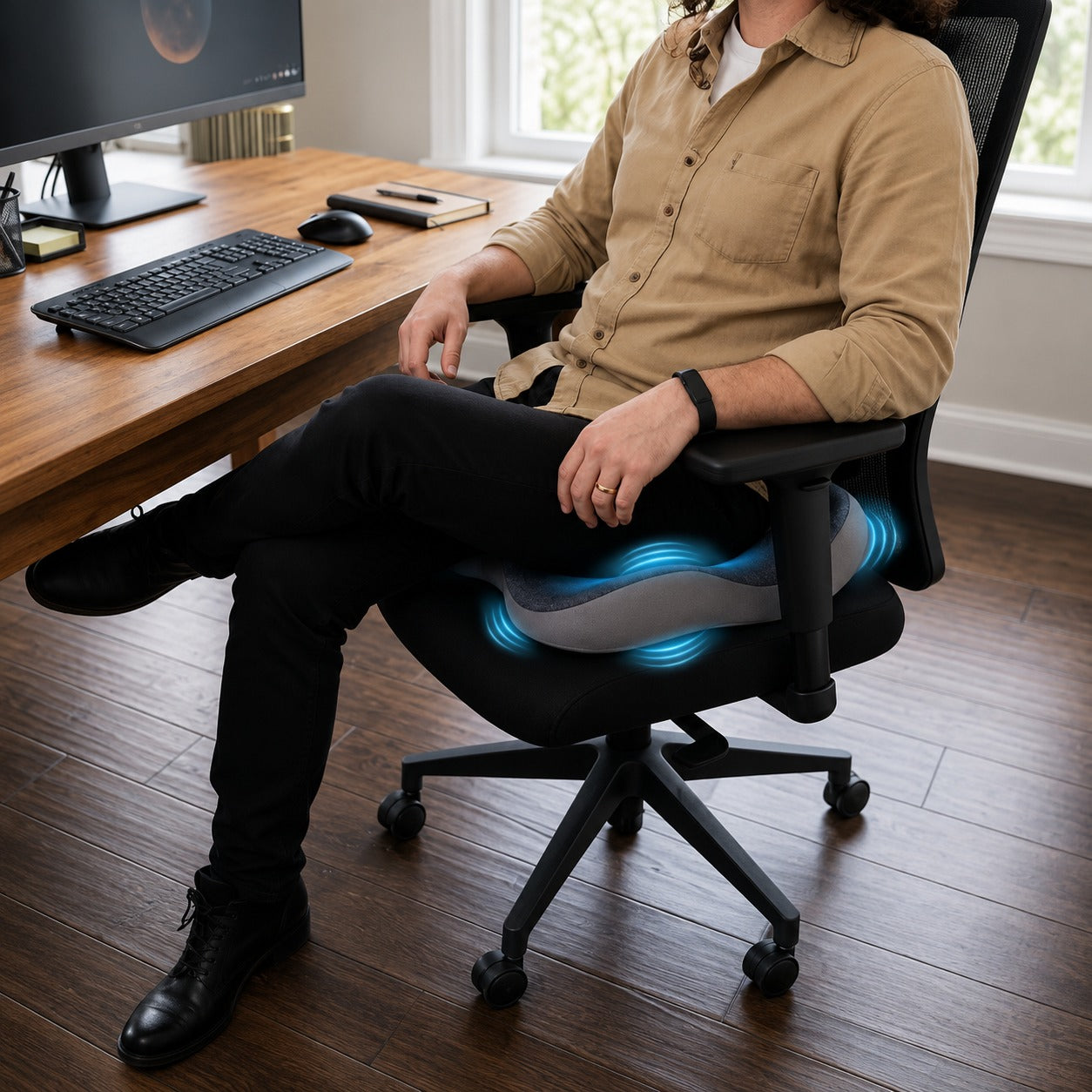 Person sitting on a office chair with Green Lion RELIEVE PRO Seat Cushion in an office setting.