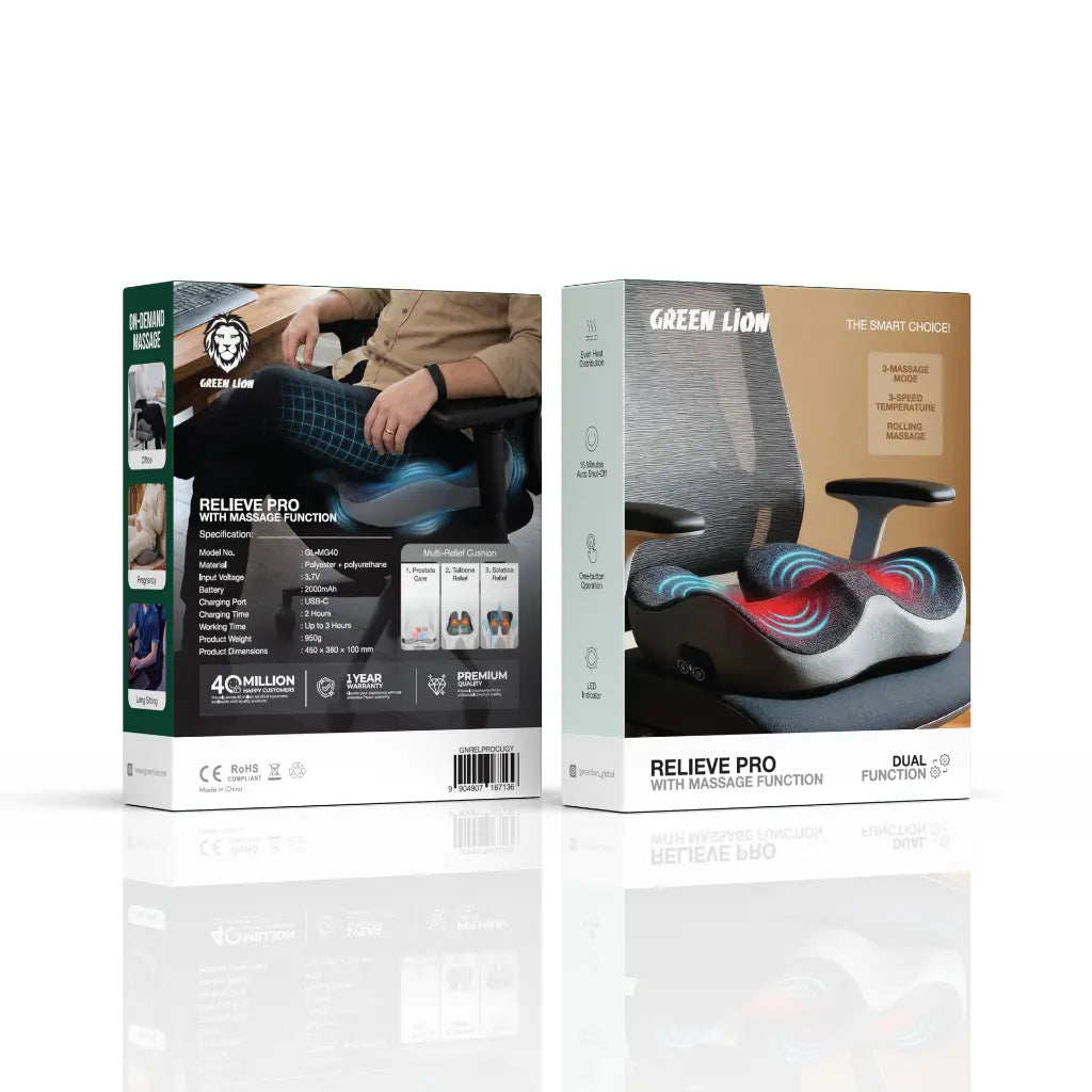 Packaging boxes for a Green Lion massage chair on a white background