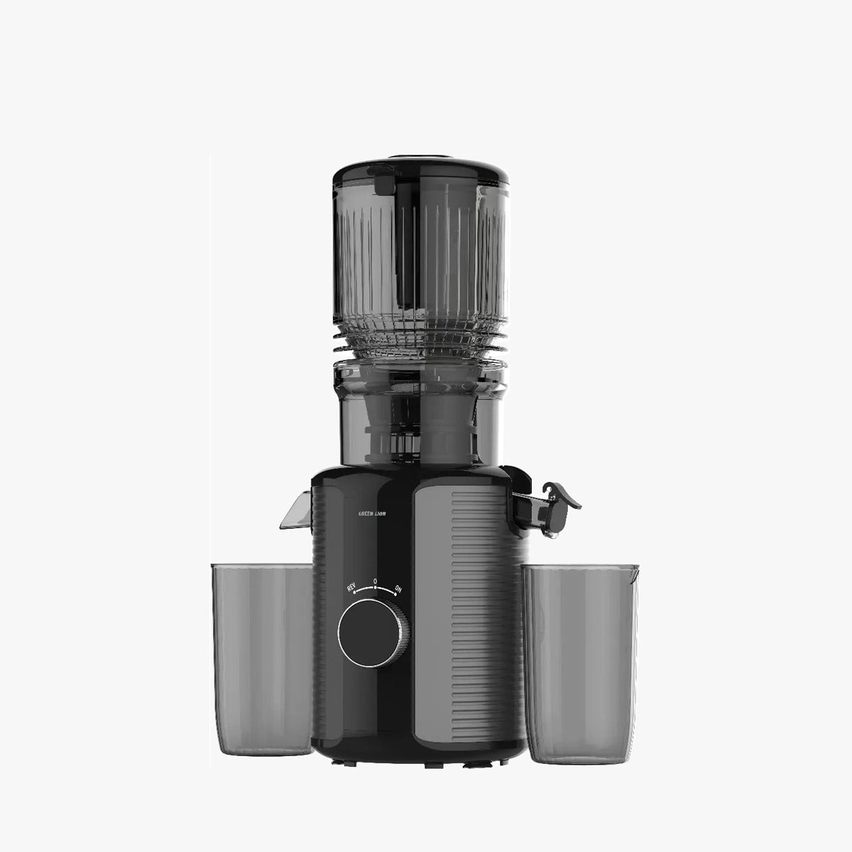 Green Lion Slow Juicer Pro Cold Press Juicer with two clear cups on a white background