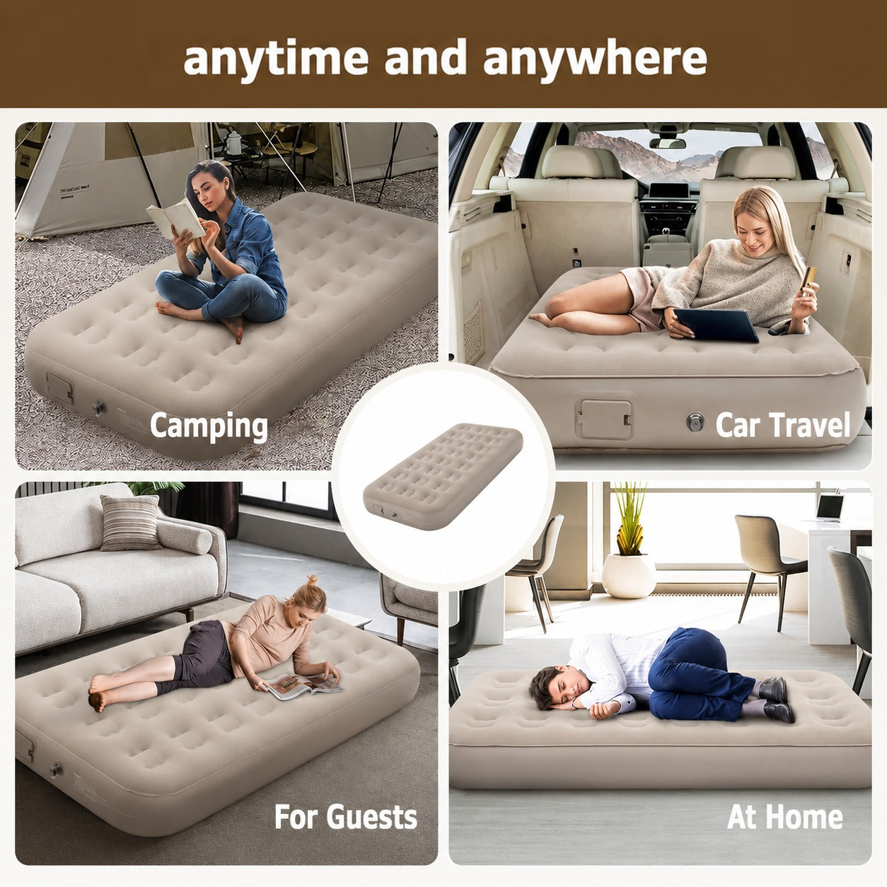 Inflatable mattress used for camping, car travel, guests, and at home with text 'anytime and anywhere'.
