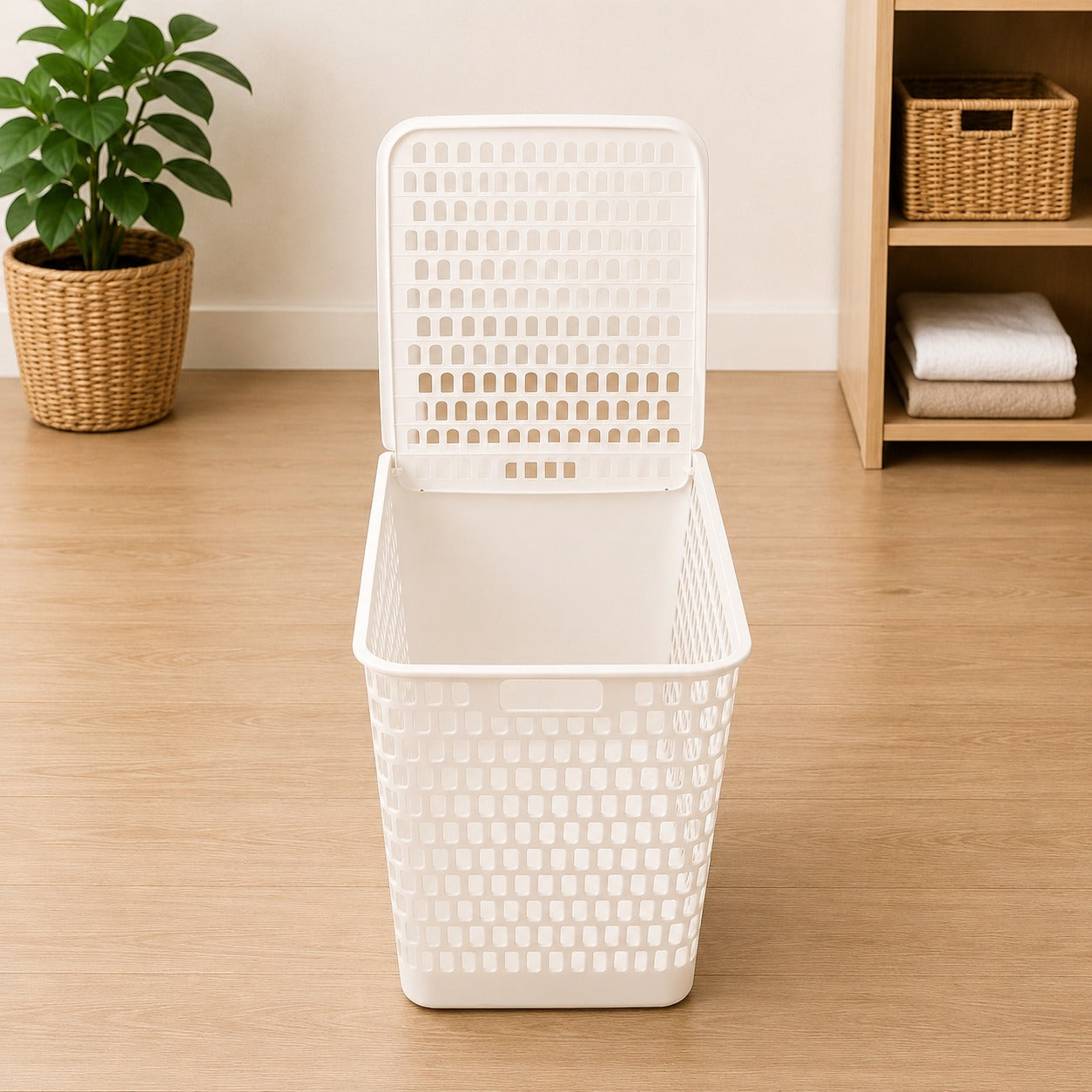 White woven laundry basket on a wooden floor with a plant and shelves in the background.